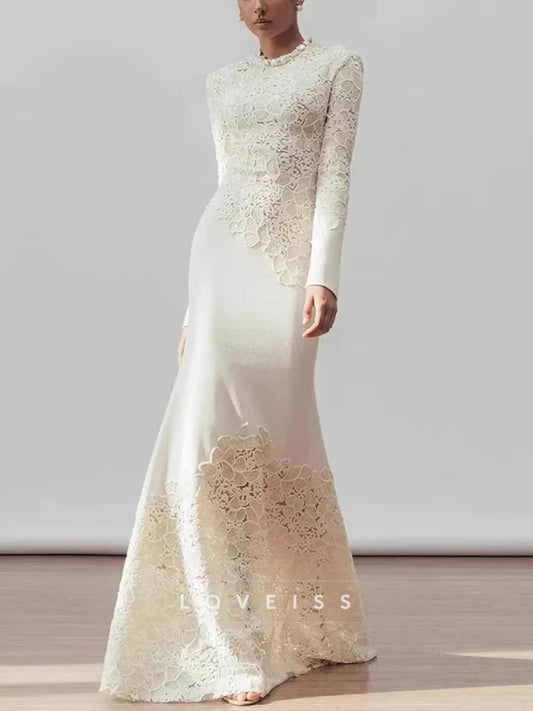 Scoop Long Sleeves Lace Appliques Mermaid Evening Dress
