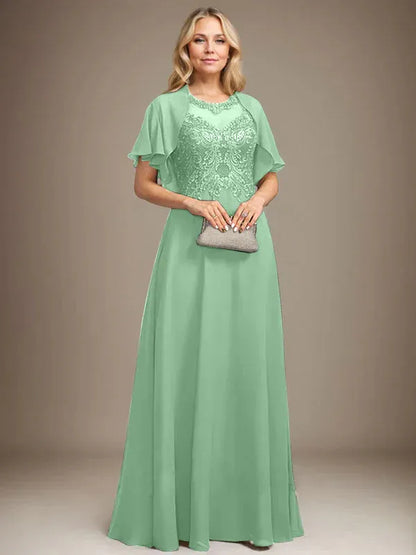 A-line Scoop Illusion Floor-Length Lace Chiffon Mother of the Bride Dress With Sequins