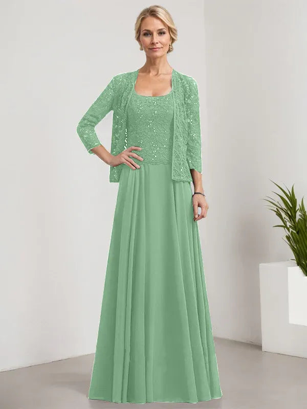 A-line Square Floor-Length Lace Chiffon Mother of the Bride Dress With Sequins