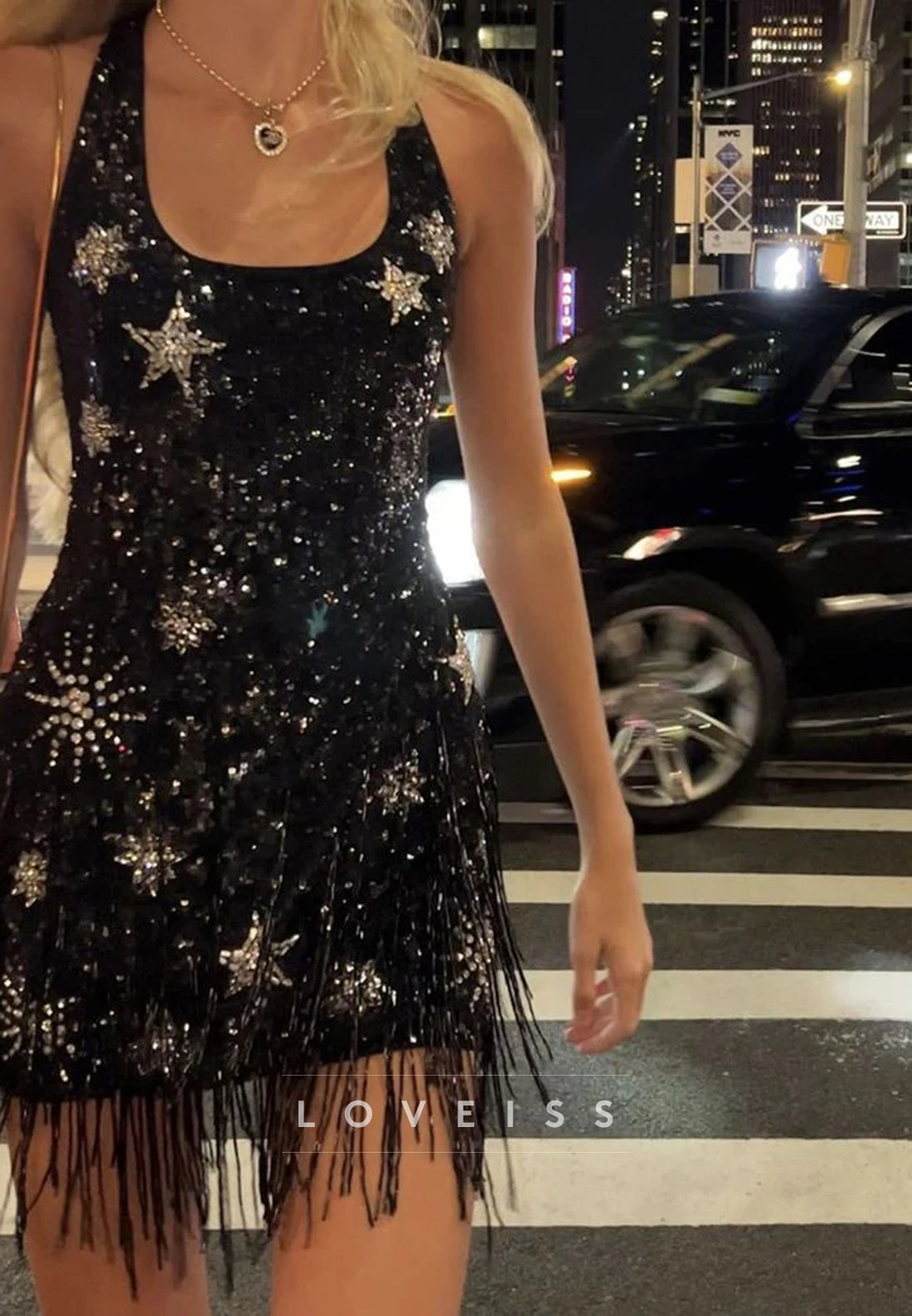 Scoop Beaded Fringe Sequins Sheath Sparkly Party Homecoming Dress