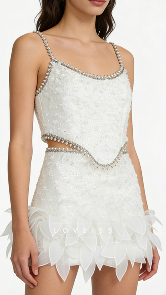 Scoop Beaded Sequins Feathered A-Line Short Wedding Dress