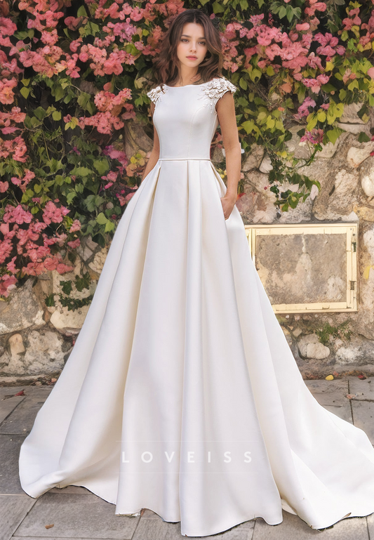 Bateau Cap Sleeves Appliques Sleek Satin Pleated A-Line Wedding Dress