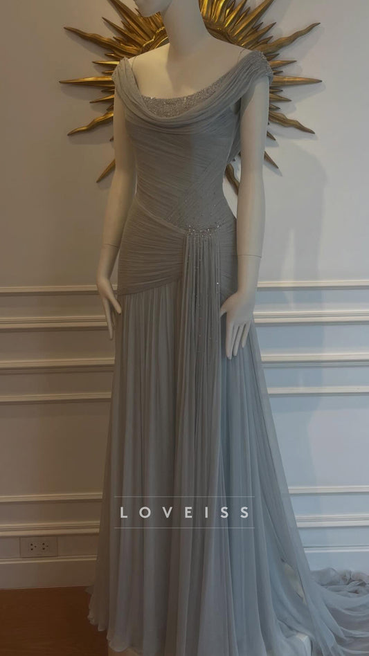 Scoop Cap Sleeves Beaded Pleated A-Line Prom Dress