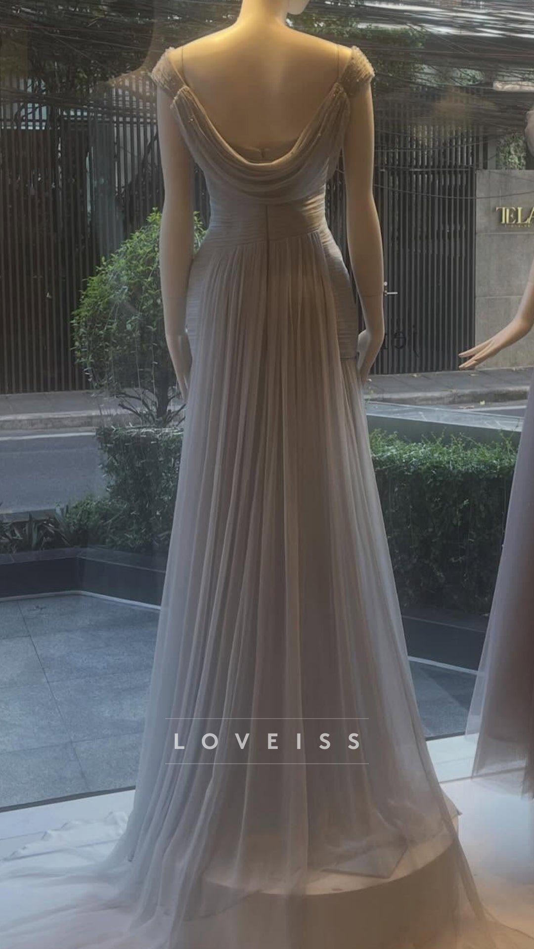 Scoop Cap Sleeves Beaded Pleated A-Line Prom Dress