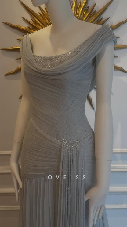 Scoop Cap Sleeves Beaded Pleated A-Line Prom Dress