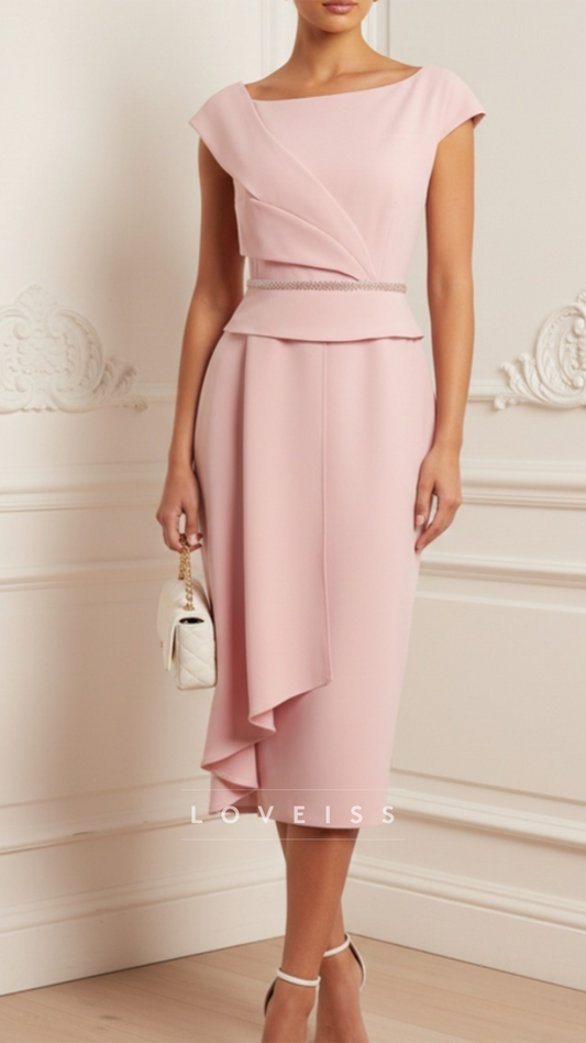 Scoop Cap Sleeves Beaded Sheath Wedding Guest Dress