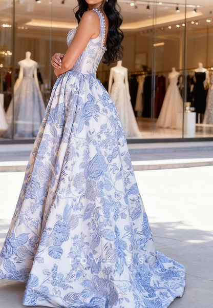 Scoop Floral Printed Straps A-Line Prom Dress