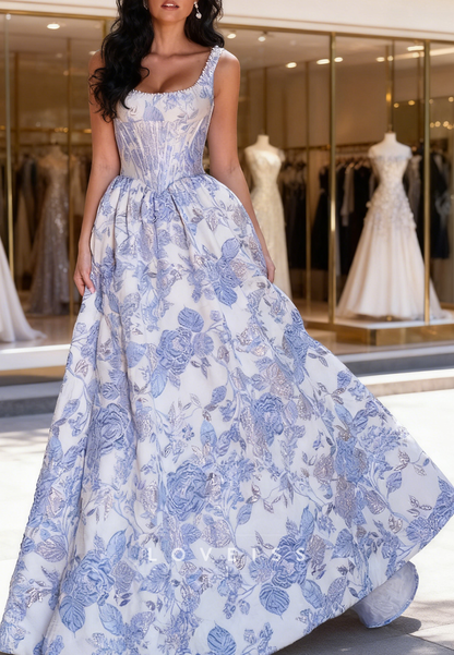 Scoop Floral Printed Straps A-Line Prom Dress