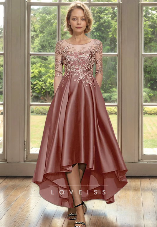 Scoop Half Sleeves Appliques Pleated Satin A-Line Mother of Bride Dress