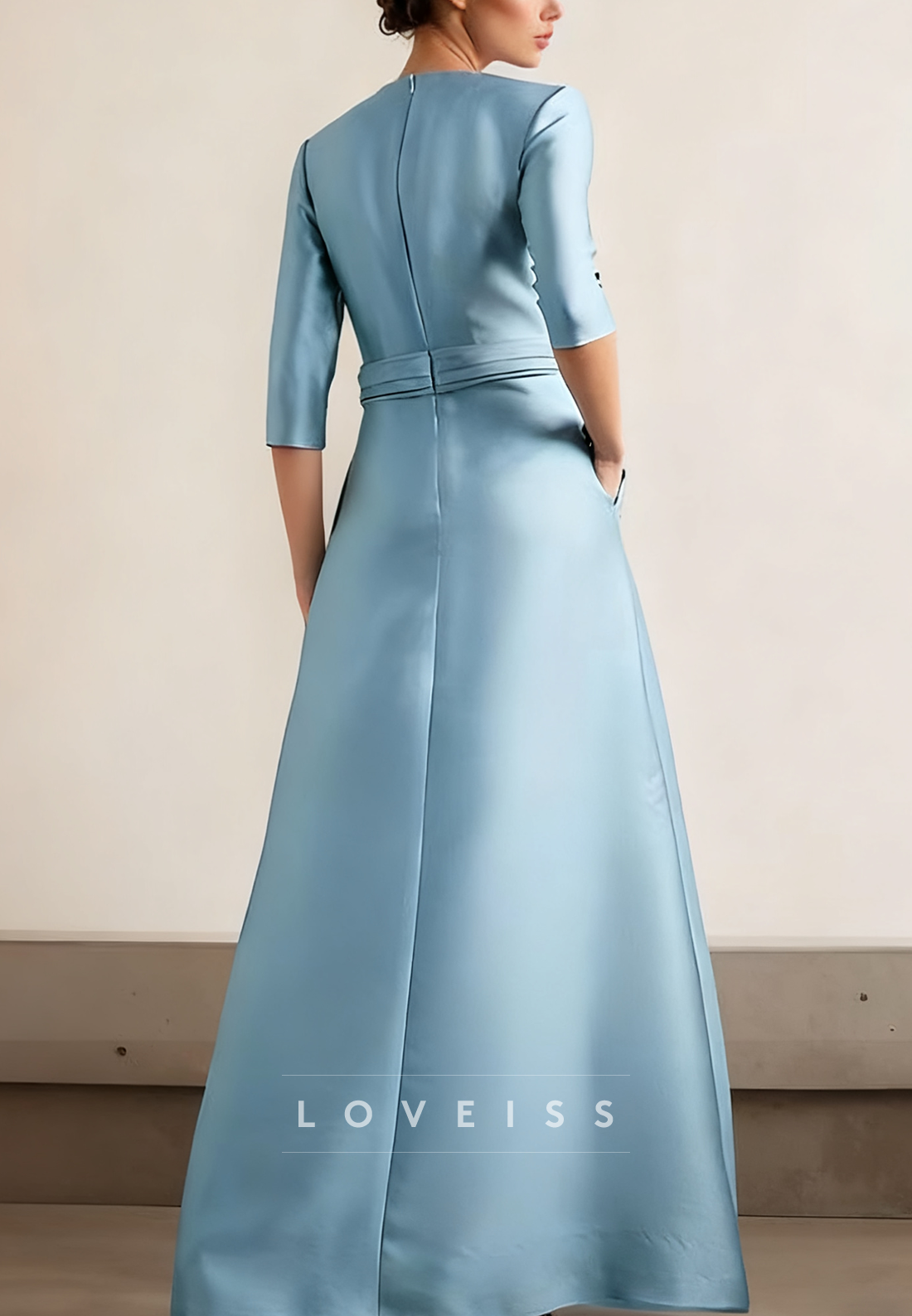 Scoop Half Sleeves Beaded Satin A-Line Mother of Bride Dress