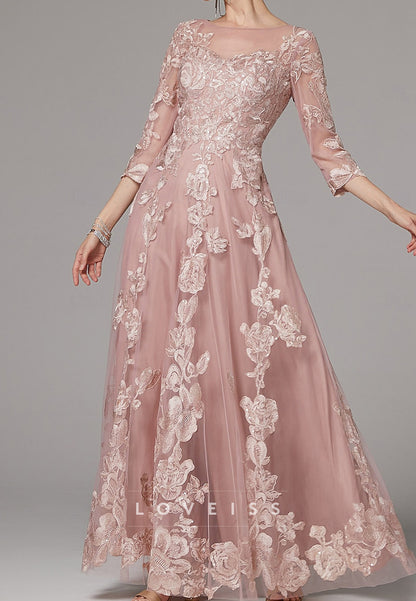 Scoop Half Sleeves Floral Appliques A-Line Mother of Bride Dress