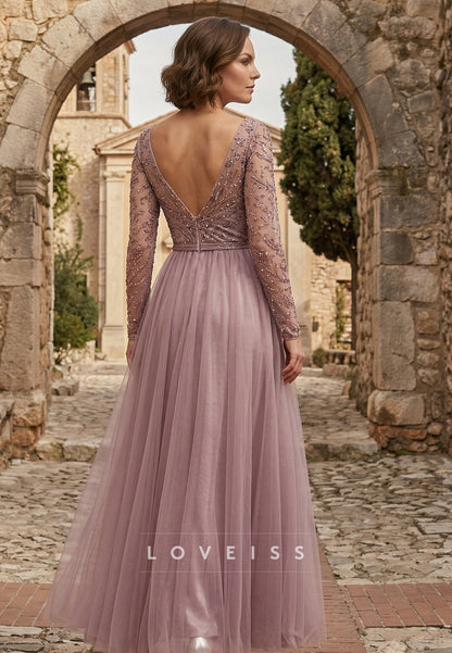 Scoop Long Sleeves Appliques A-Line Mother of Bride Dress