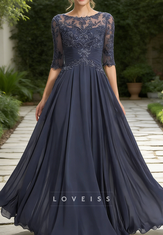 Scoop Long Sleeves Appliques A-Line Mother of Bride Dress