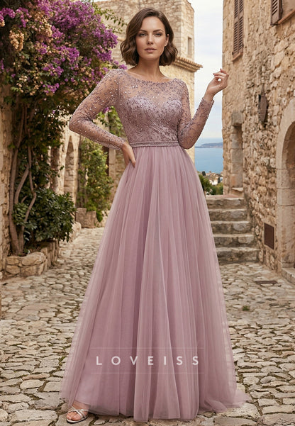 Scoop Long Sleeves Appliques A-Line Mother of Bride Dress