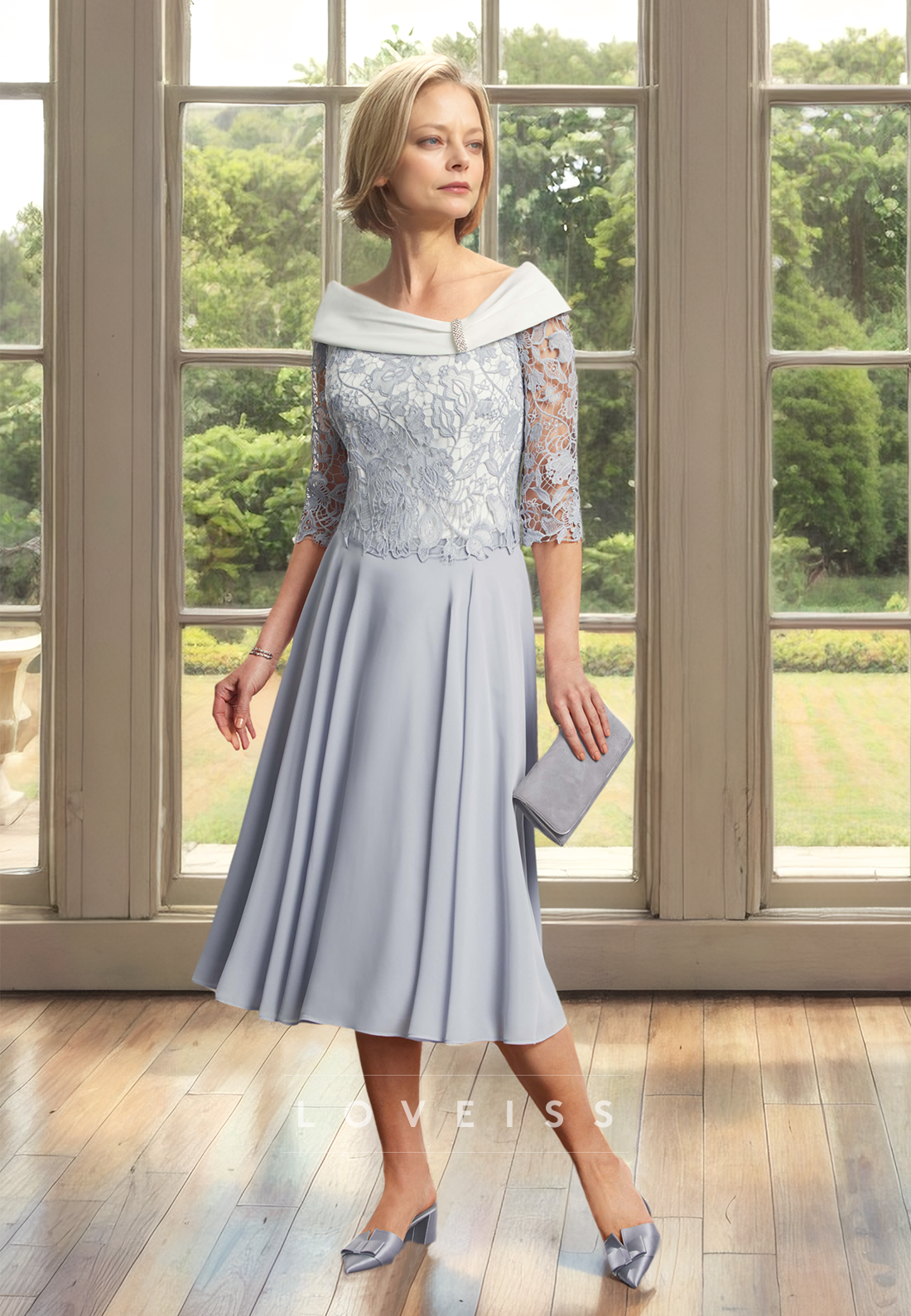 Scoop Long Sleeves Appliques Chiffon Pleated A-Line Mother of Bride Dress