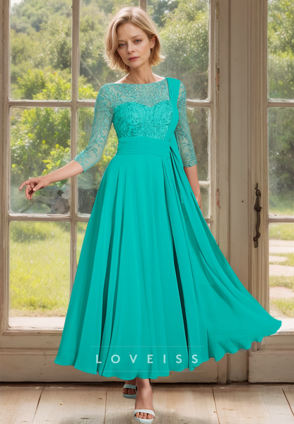 Scoop Long Sleeves Appliques Chiffon Pleated A-Line Mother of Bride Dress