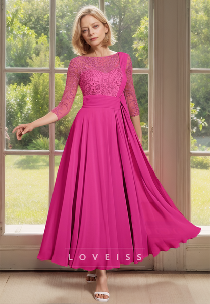 Scoop Long Sleeves Appliques Chiffon Pleated A-Line Mother of Bride Dress