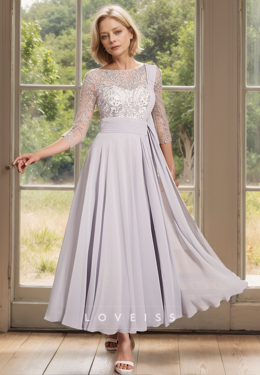 Scoop Long Sleeves Appliques Chiffon Pleated A-Line Mother of Bride Dress