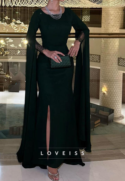 Scoop Long Sleeves Appliques Mermaid Evening Dress