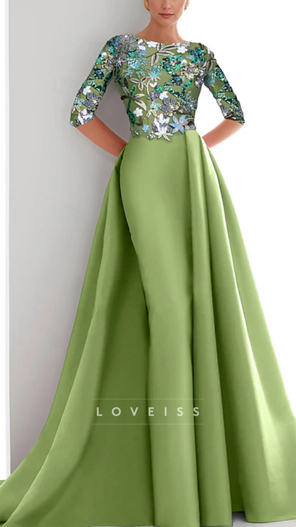 Scoop Long Sleeves Appliques Mermaid Mother of Bride Dress