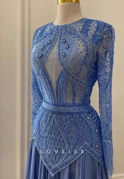 Scoop Long Sleeves Appliques Pleated A-Line Evening Dress