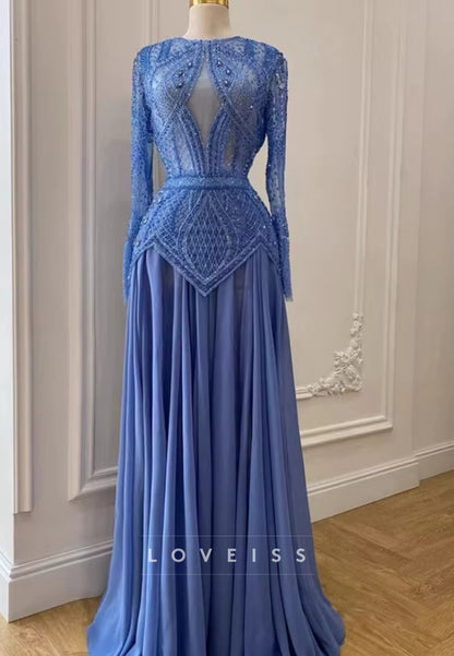 Scoop Long Sleeves Appliques Pleated A-Line Evening Dress