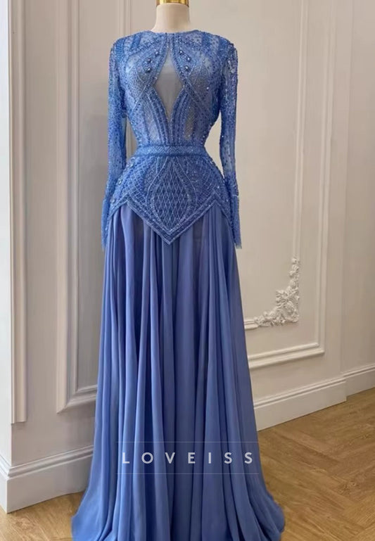 Scoop Long Sleeves Appliques Pleated A-Line Evening Dress