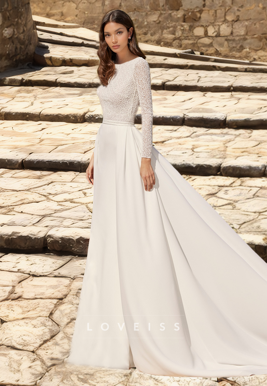 Scoop Long Sleeves Appliques Pleated A-Line Wedding Dress