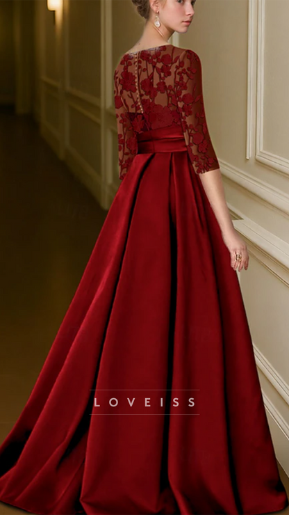 Scoop Long Sleeves Appliques Satin A-Line Mother of Bride Dress