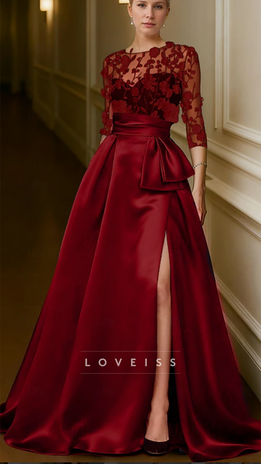 Scoop Long Sleeves Appliques Satin A-Line Mother of Bride Dress