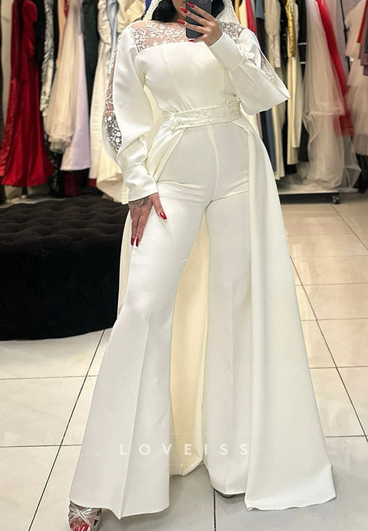 Scoop Long Sleeves Appliques Satin Wedding Jumpsuit
