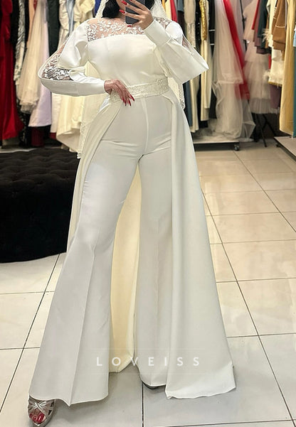 Scoop Long Sleeves Appliques Satin Wedding Jumpsuit