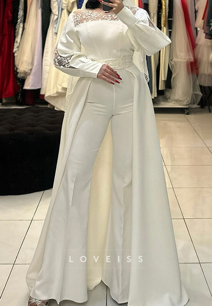 Scoop Long Sleeves Appliques Satin Wedding Jumpsuit