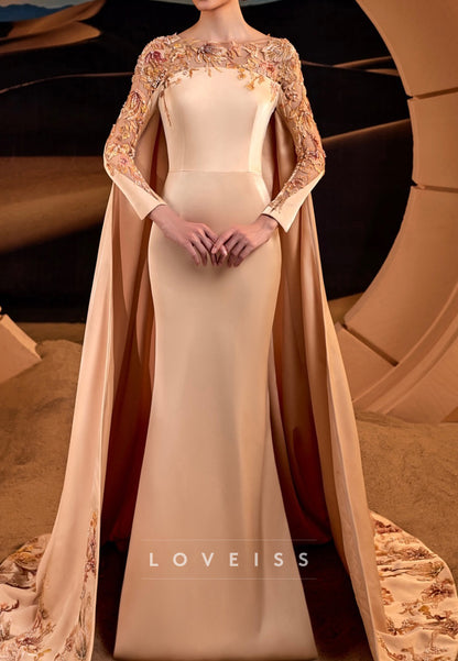 Scoop Long Sleeves Appliques Sleek Mermaid Mother of Bride Dress