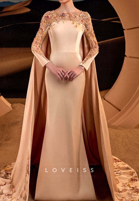 Scoop Long Sleeves Appliques Sleek Mermaid Mother of Bride Dress
