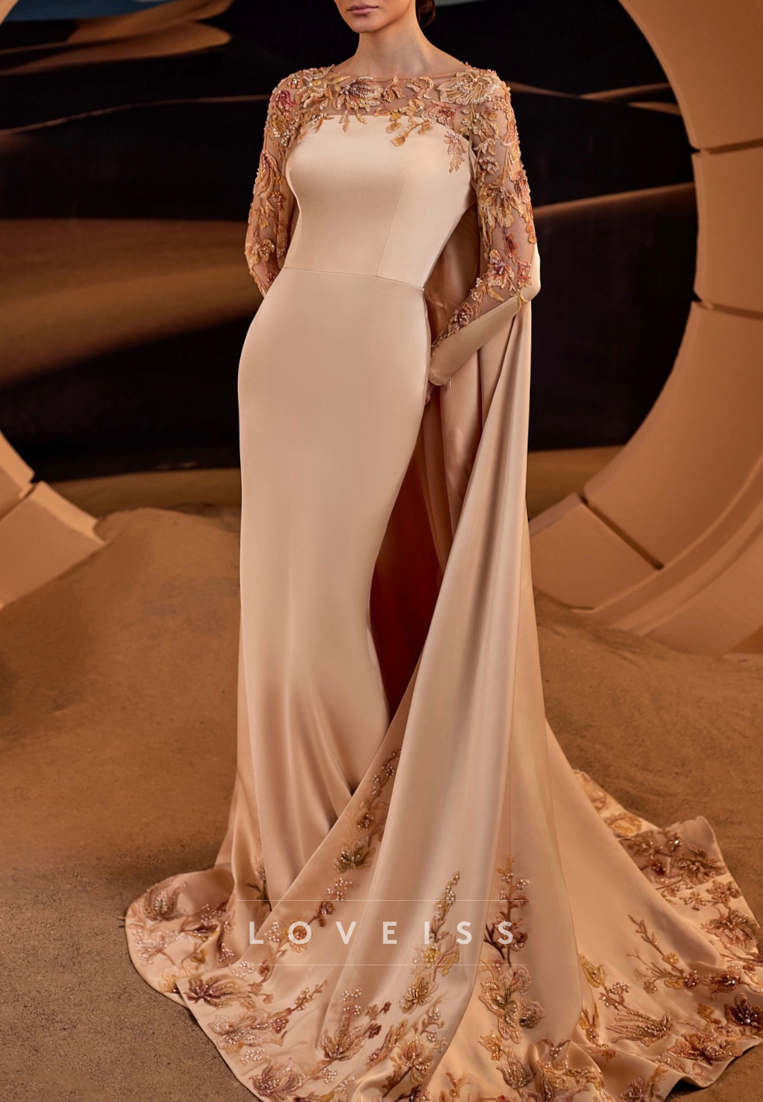 Scoop Long Sleeves Appliques Sleek Mermaid Mother of Bride Dress