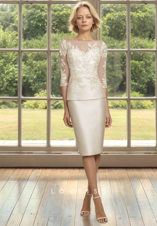 Scoop Long Sleeves Appliques Sleek Satin Sheath Mother of Bride Dress