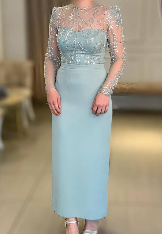 Scoop Long Sleeves Appliques Sleek Sheath Mother of Bride Dress