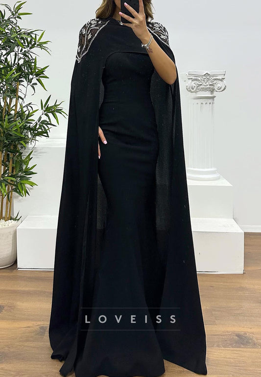 Scoop Long Sleeves Baeded Fitted Mermaid Evening Dress