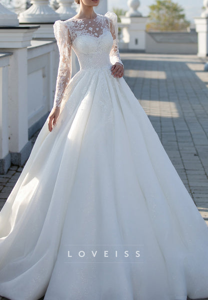 Scoop Long Sleeves Ball Gown Appliques Wedding Dress
