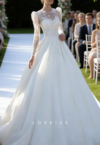 Scoop Long Sleeves Ball Gown Appliques Wedding Dress