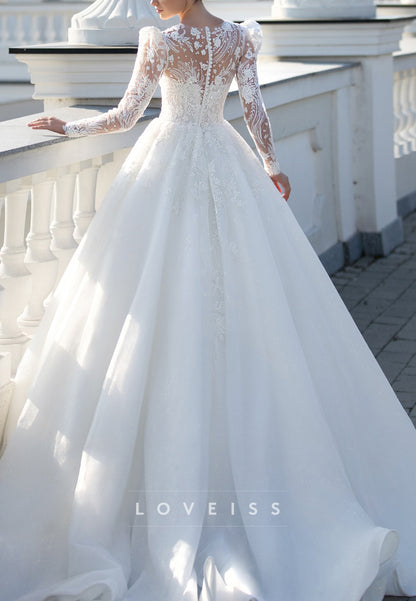 Scoop Long Sleeves Ball Gown Appliques Wedding Dress