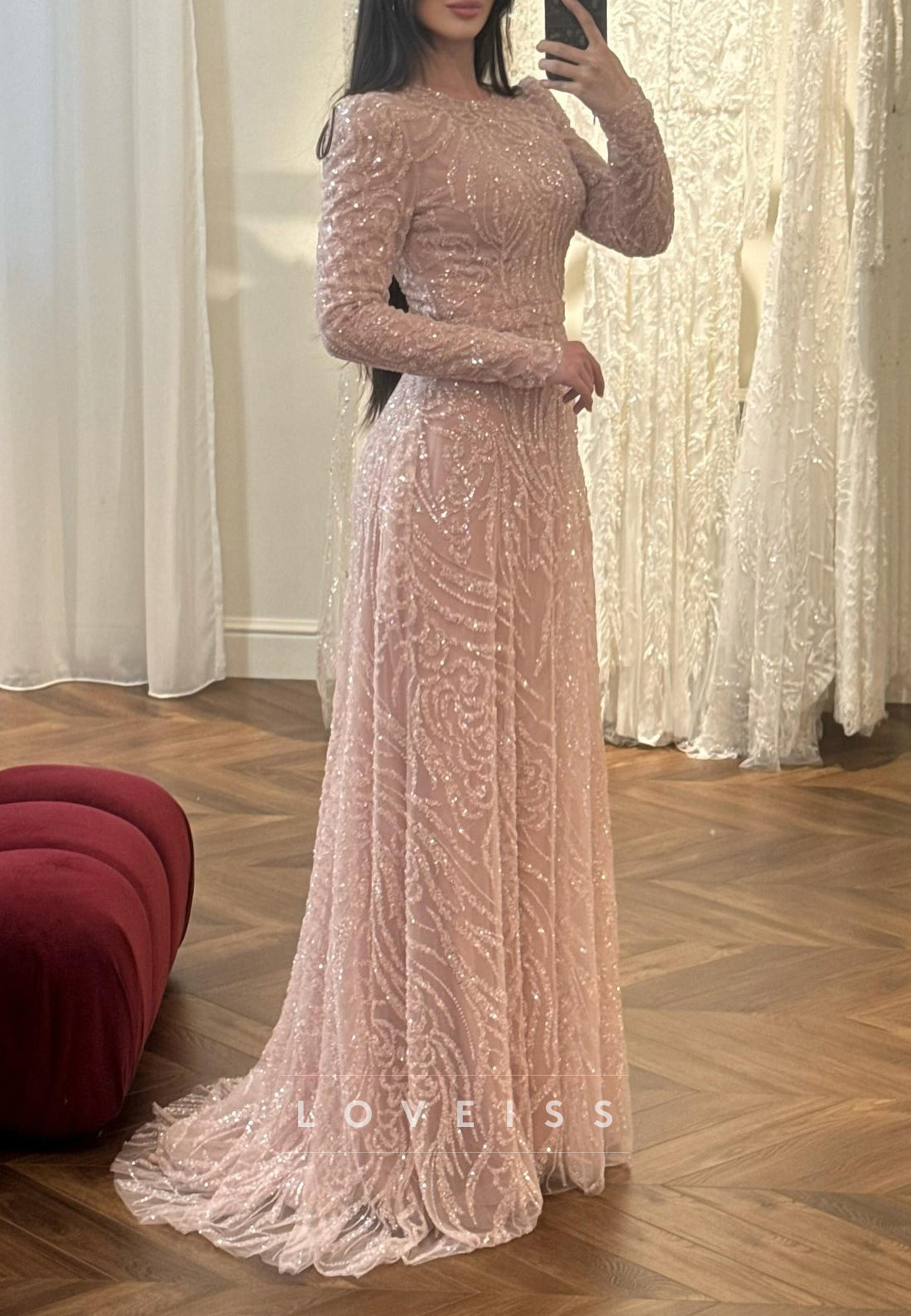 Scoop Long Sleeves Beaded Embroidery A-Line Evening Dress