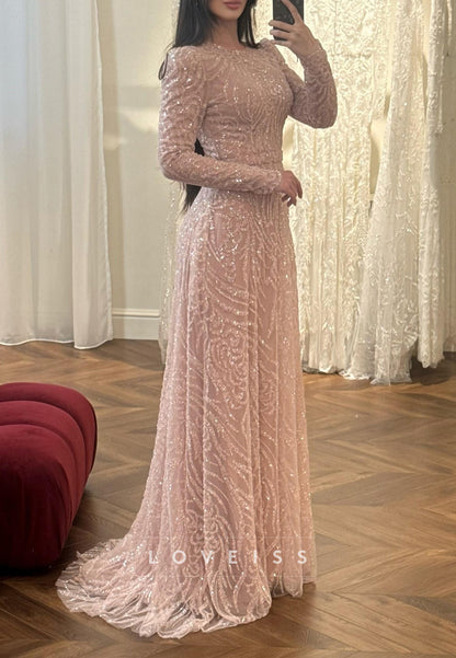 Scoop Long Sleeves Beaded Embroidery A-Line Evening Dress