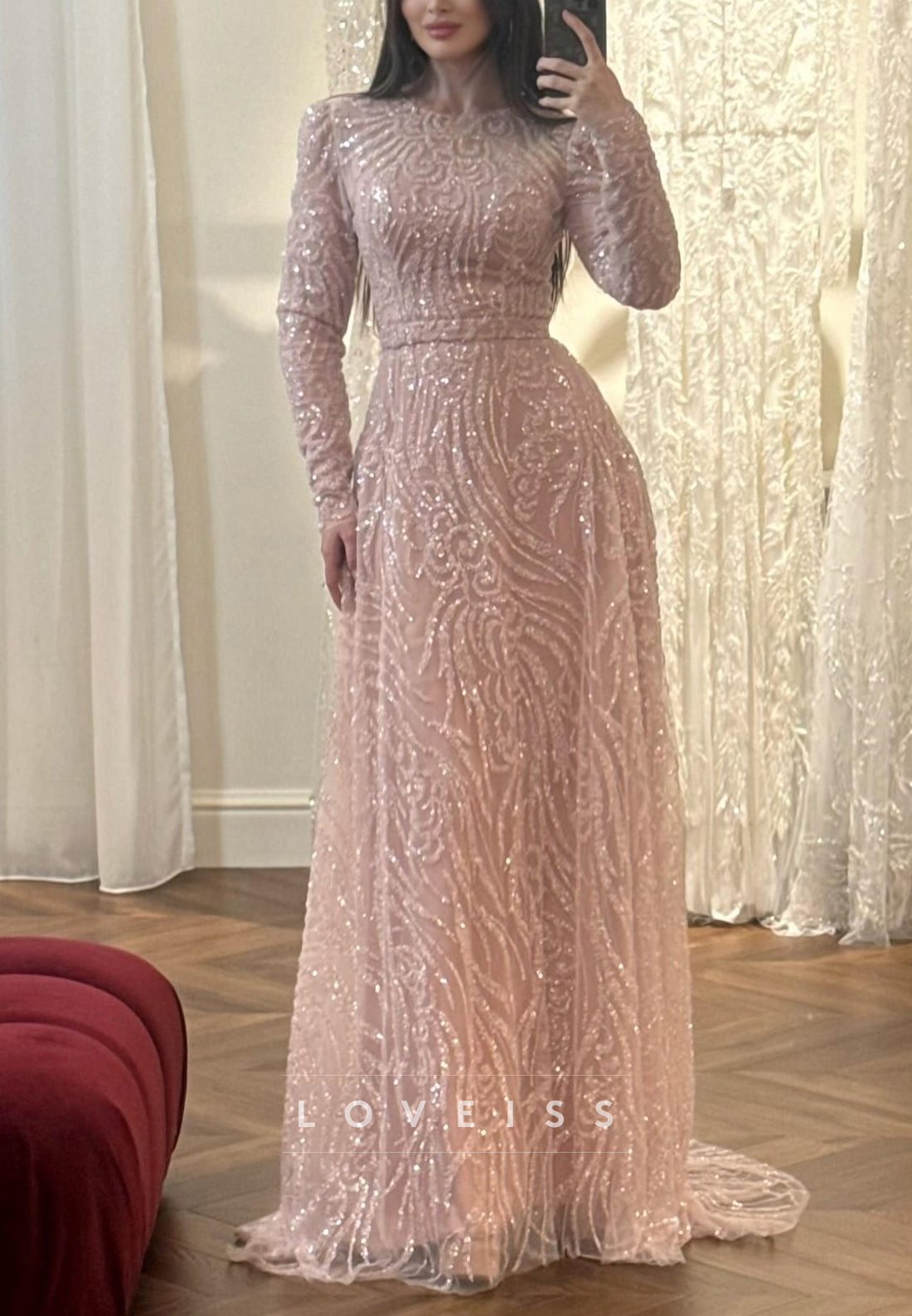 Scoop Long Sleeves Beaded Embroidery A-Line Evening Dress