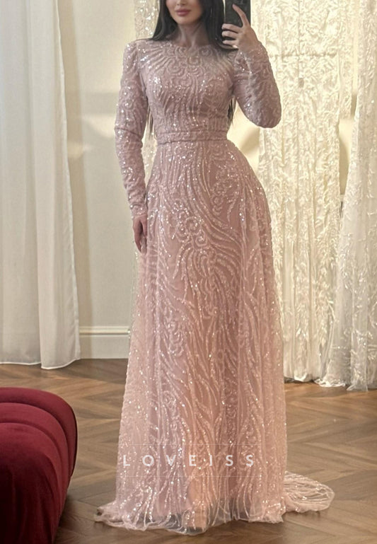Scoop Long Sleeves Beaded Embroidery A-Line Evening Dress