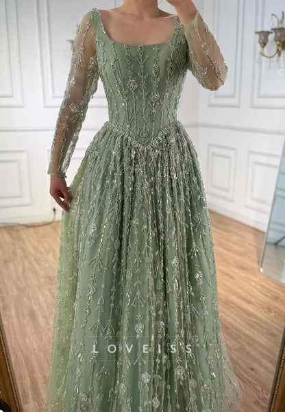 Scoop Long Sleeves Beaded Embroidery A-Line Prom Dress