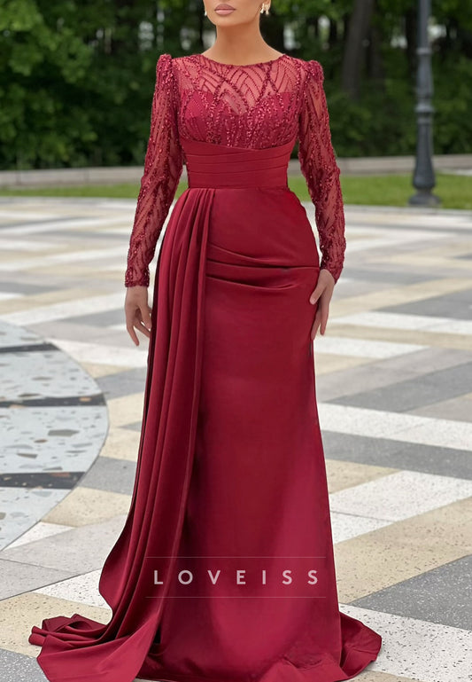 Scoop Long Sleeves Beaded Embroidery Mermaid Evening Dress