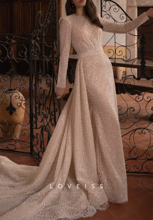 Scoop Long Sleeves Beaded Embroidery Mermaid Evening Dress