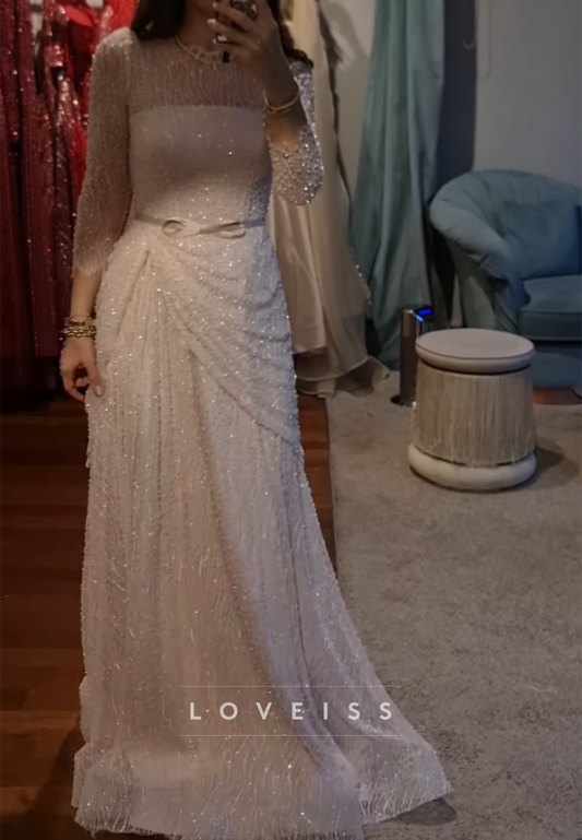 Scoop Long Sleeves Beaded Embroidery Ruched Sheath Evening Dress
